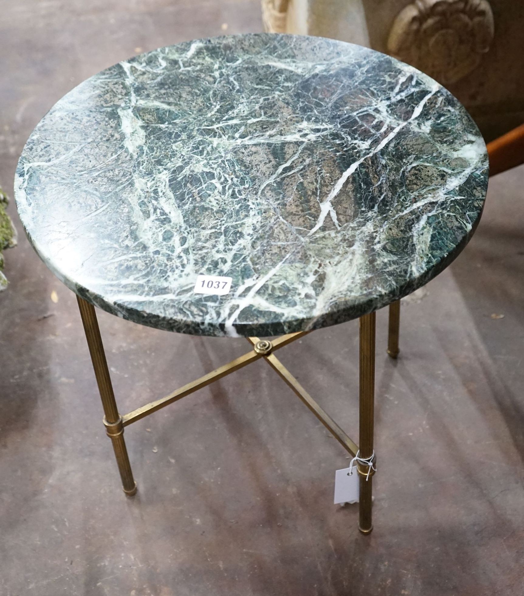 A Maison Jansen style circular brass marble topped occasional table, diameter 49cm, height 46cm